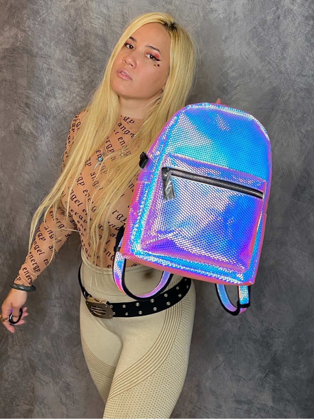 Holographic Color Shift Cyber Rave Mini Backpack - Picture 12 of 13